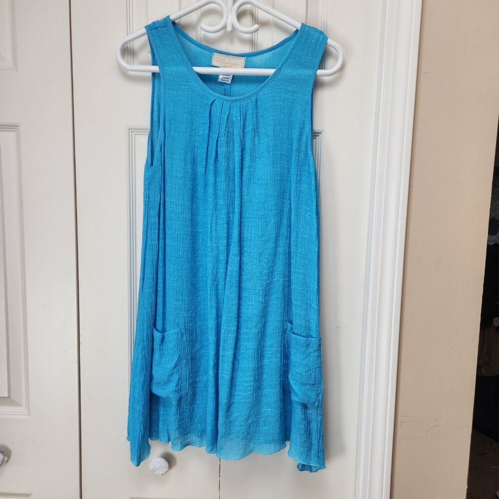 [L] Silk‎ & Cotton Short Turquoise Sundress by Wilhelmina's Sz 12 Large Pockets